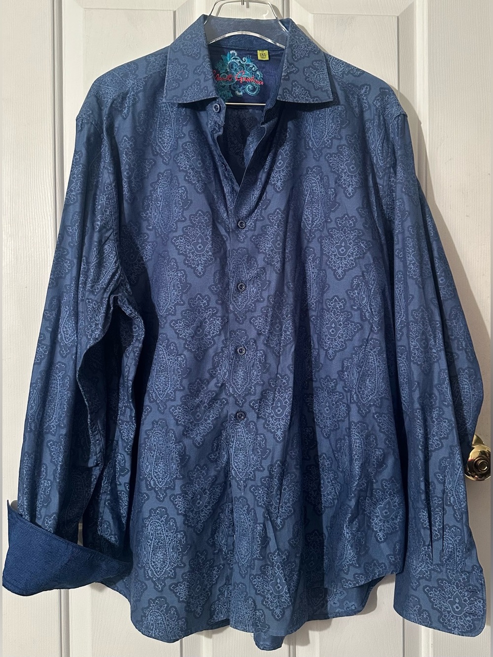 ROBERT GRAHAM 2XL Contrast Cuffs 100% Cotton Blue Paisley Casual Button Down Lux